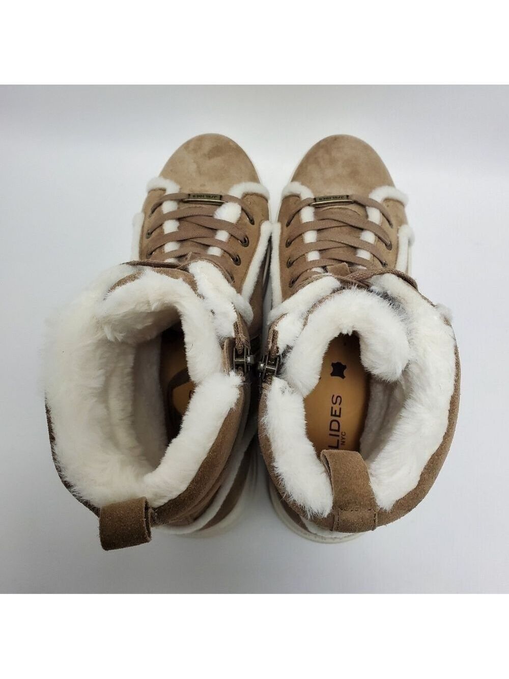 J Slides NYC Nadal Faux Fur High Top Platform Boot Sneakers Taupe Suede Size 9.5 - Picture 5 of 15
